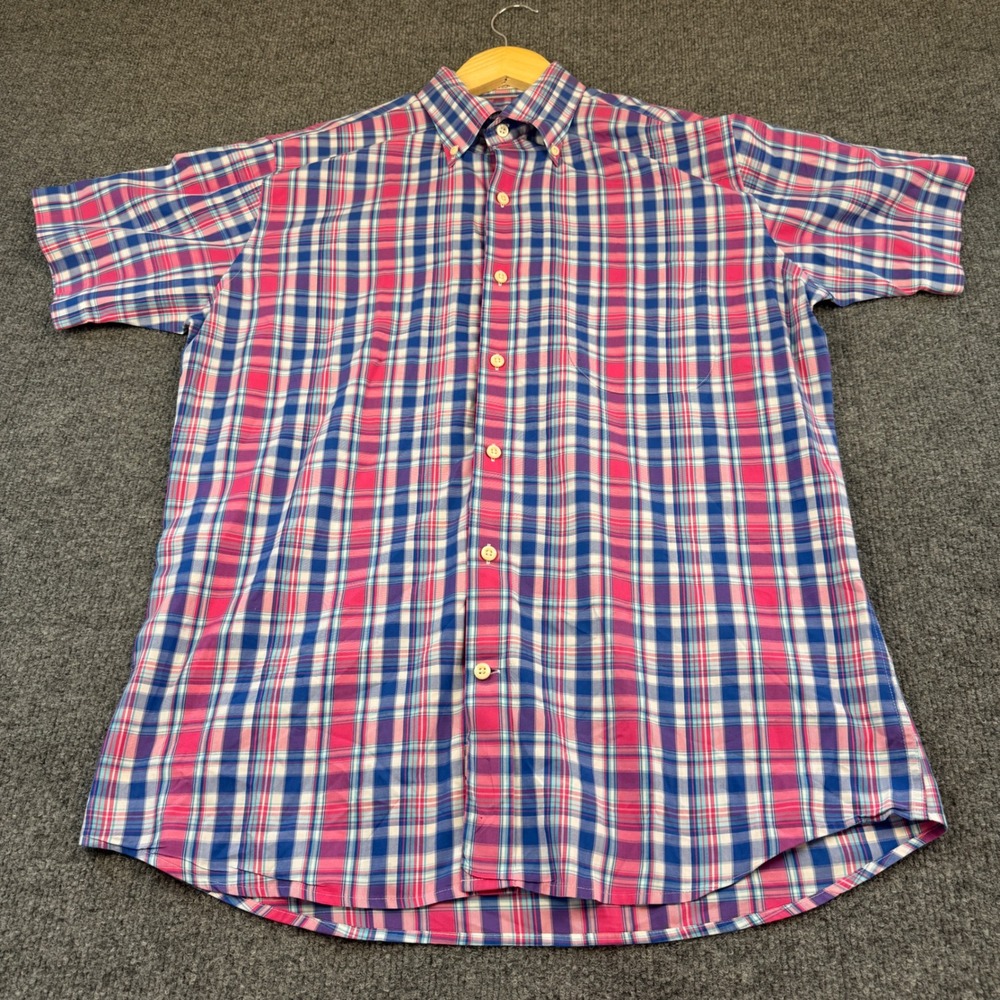 Peter Millar Button Down Men Medium Pink Blue Plaid Short Sleeve Cotton Shirt